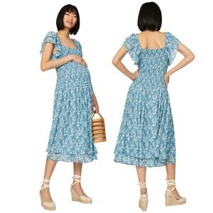 HATCH Maternity Cosette Smocked Midi Dress Blue Floral Size 2 (Medium)